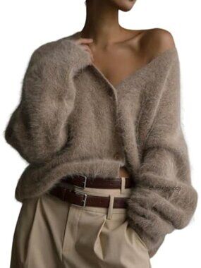 Fuzzy V-Neck Button Down Cardigan Sweater Loose Knit